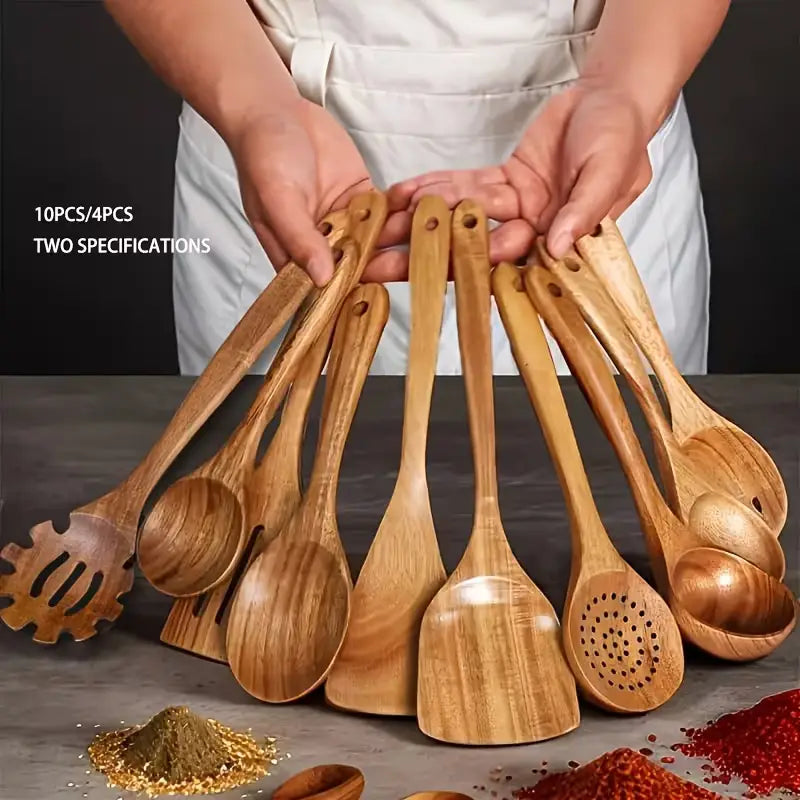 10/4-Piece Wooden Kitchen Utensil Set, Natural Wooden Spoons – Premium Kitchen Tools Cartmenow